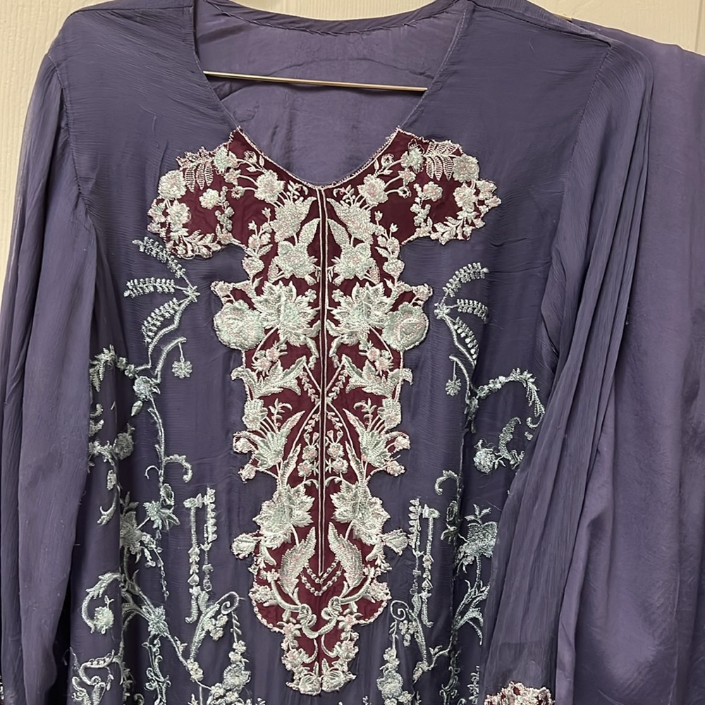 Shalwar Kameez- Elegant Embroidered Long Sleeve Dress - Blue and Red, Size Large - Picture 5 of 9